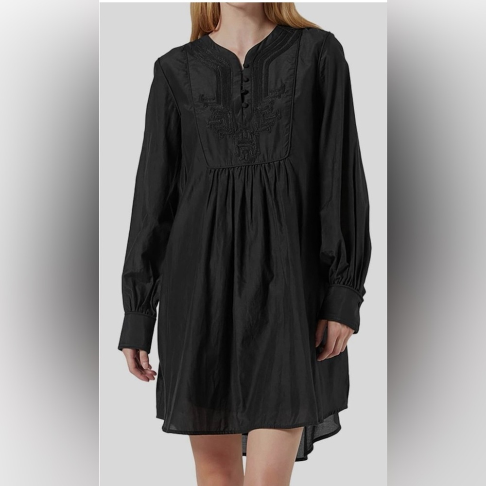 Joie silk cotton Black Long Sleeve Dress with Embroidery appliqué design